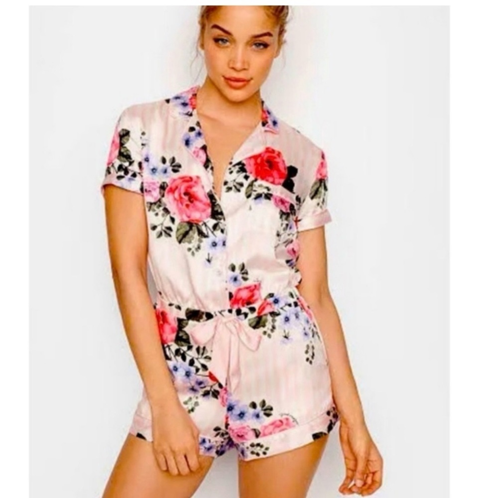 Victoria’s Secret Floral Satin Romper Pajamas XS Sleepwear One Piece Pink PJ’s